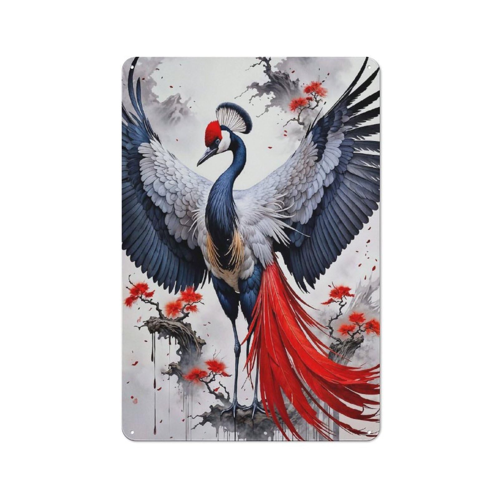 Classic Japanese Crane Metal Wall Art Sign 30x20cm, Vintage Wall Decor for Lounge, Study, Pub Or Wall Gallery