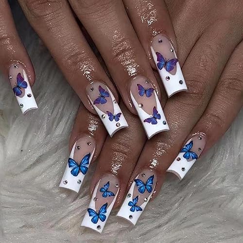 Miniatura 12 de MISUD Uñas postizas cuadradas largas a presión Squoval, uñas postizas brillantes con pegamento, uñas acrílicas coloridas con punta francesa, uñas