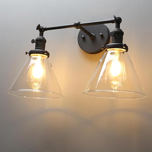 Miniatura 6 de PERMO Apliques de pared vintage industriales antiguos de 2 luces con embudo, pantalla de vidrio transparente de vidrio acampanado (negro)
