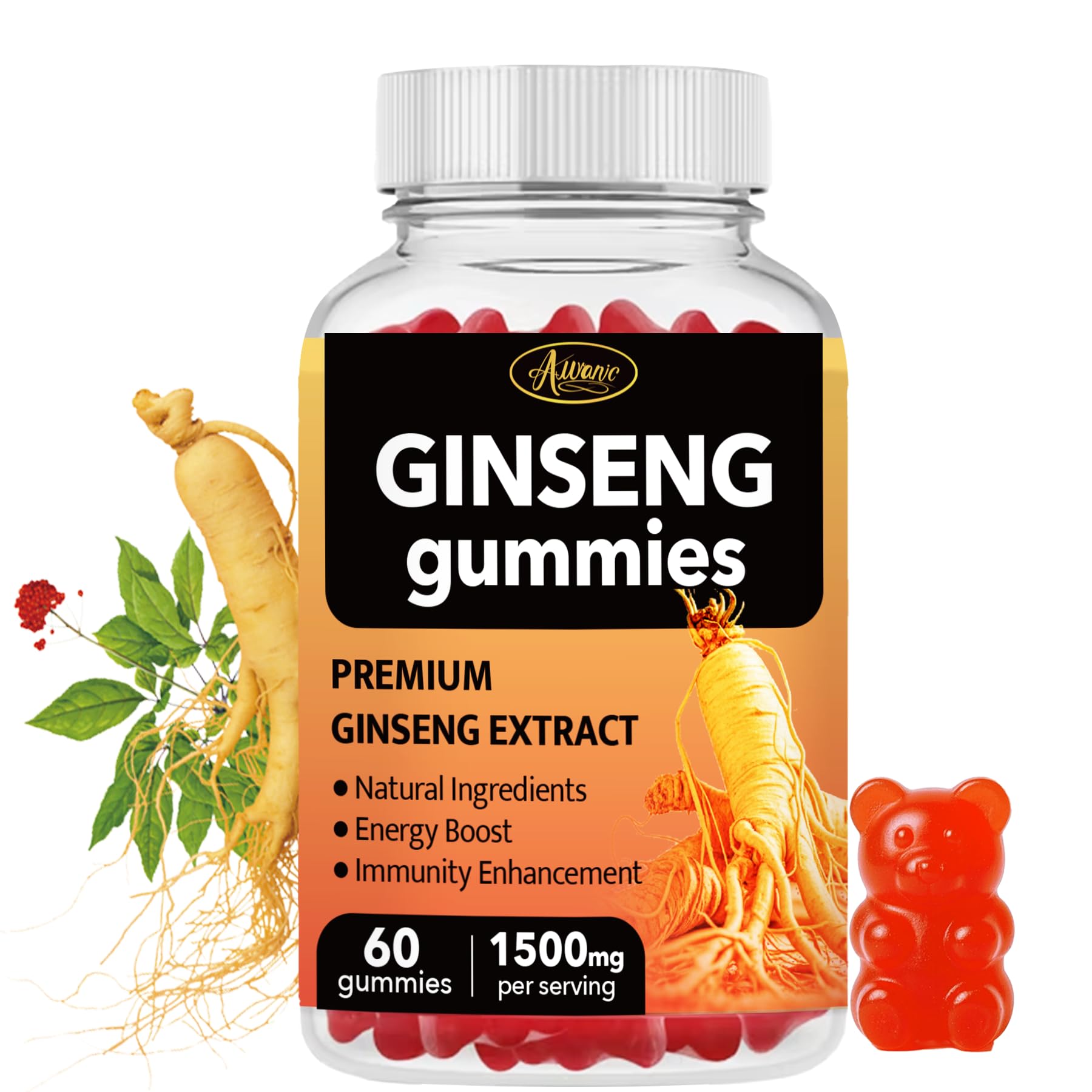 60 Count Asian Panax Ginseng Gummies 1500mg Supplements for Men and Women, Energy Maca Ginseng Root Extract Gummies for Memory & Immunity Support, Pectin-Based Apple Flavored Chews Gummy