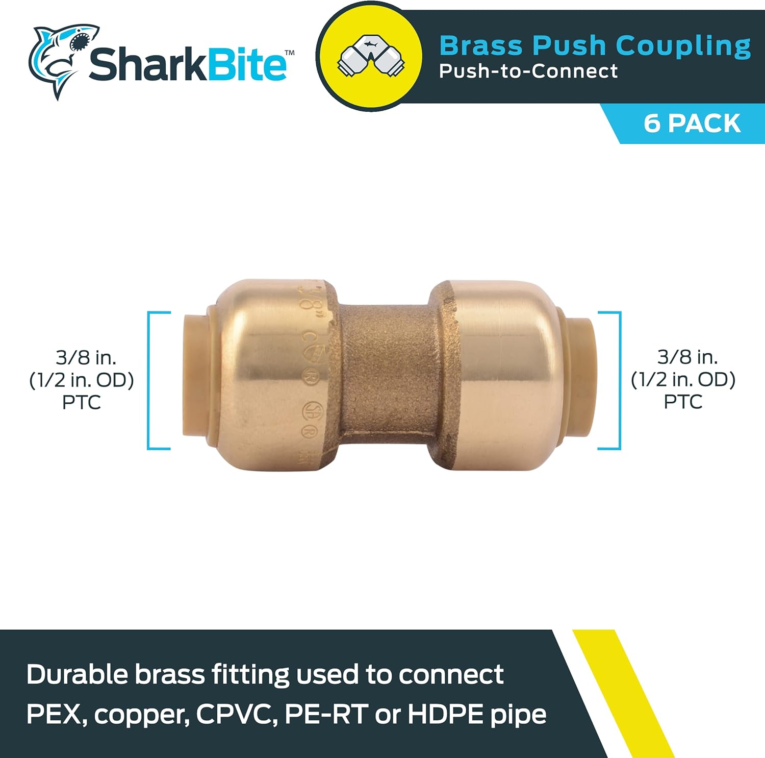 SharkBite 3/8 inch Coupling, Pack of 6, Push to Connect Brass Plumbing Fitting, PEX Pipe, Copper, CPVC, PE-RT, HDPE, U006LF