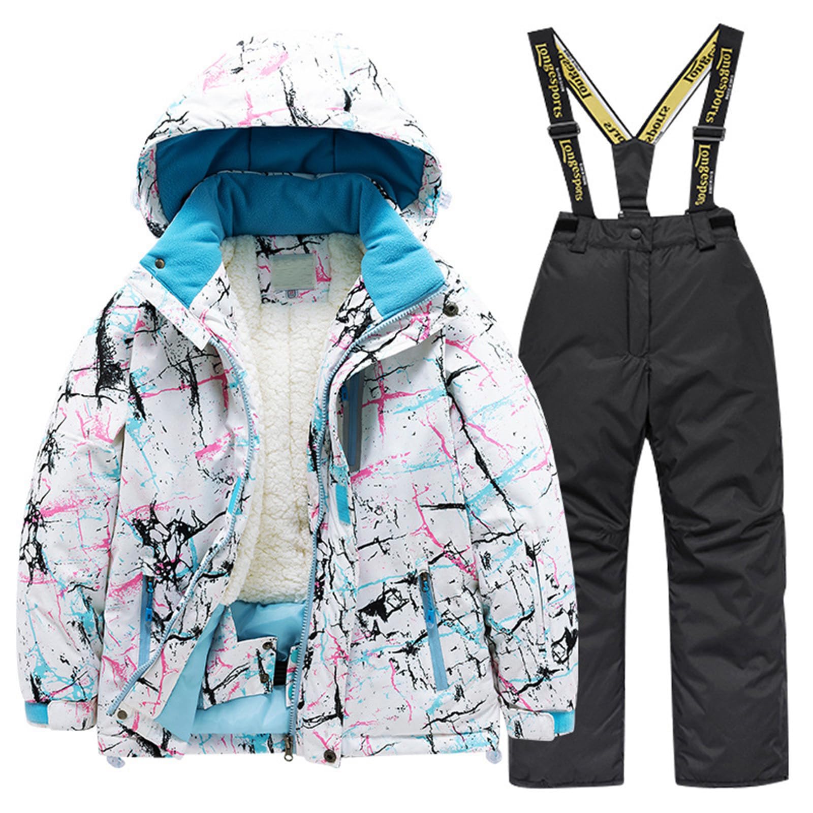 Generisch Schneeanzug Kinder Skianzug Kinder 2 Teilig Set Skianzug mit Kapuze Schneeanzug Wasserdicht Atmungsaktiv Winteranzug Verdickt Warm Schneeoverall Einteiliges Design Daunenjacke