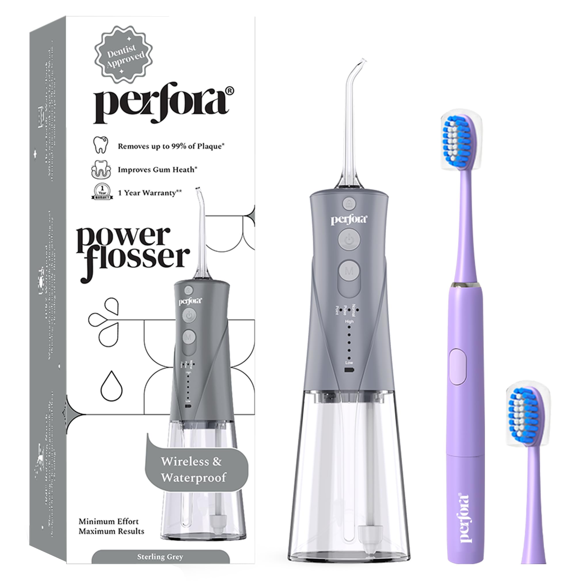 Perfora Power Water Dental Flosser | 1 Year Warranty | Floss, Electric Toothbrush, Dental Flosser For Teeth Oral Care, 3 Modes - Electric Brush 002 & Flosser Combo|Sterling Grey & Lilac Lavender (B0CDC3C4WB) Amazon Price History, Amazon Price Tracker