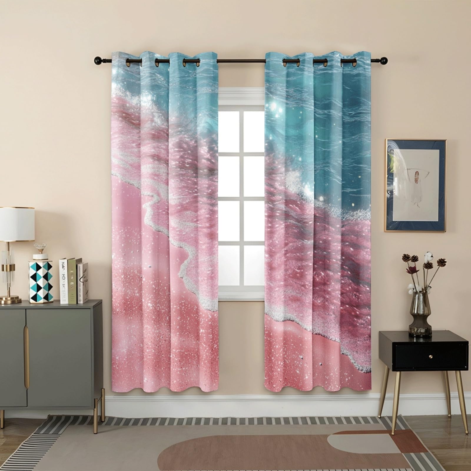 Curtain Rosa Blauer Strand Gardinen Polyester Vorhang mit Ösen Blackout Curtain Waschbar Vorhänge mit Ösen Living Room Thermovorhang Schlafzimmer Verdunklungsvorhänge Blickdicht 2x140x160cm