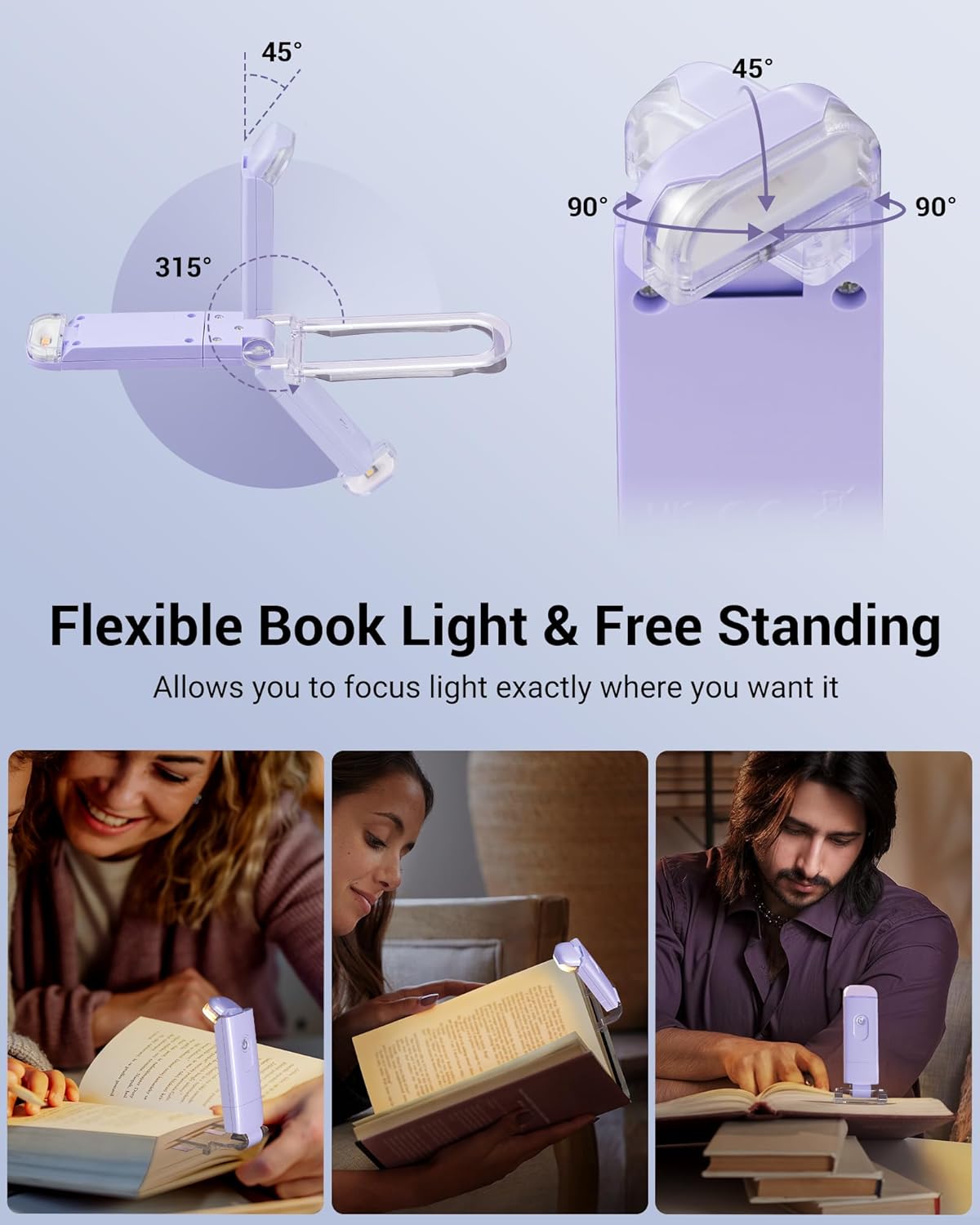 DEWENWILS USB Rechargeable Book Light for Reading in Bed, Clip-on LED Reading Lamps Portable Bookmark Lights for Kids, Book Lovers, Warm White, Brightness Adjustable for Eye Protection (Purple)