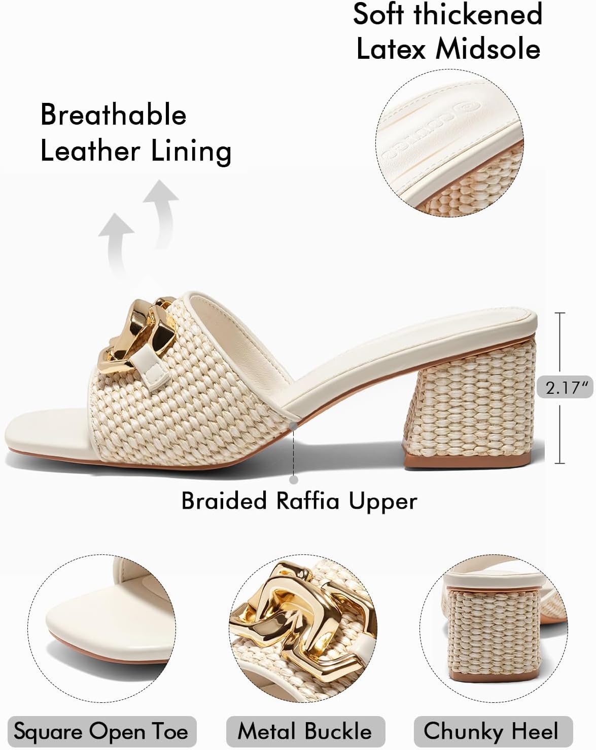 Coutgo Womens Raffia Slide Sandals Chunky Block Heeled Square Open Toe Metal Chain Slip on Mules Dressy Shoes - Image 4