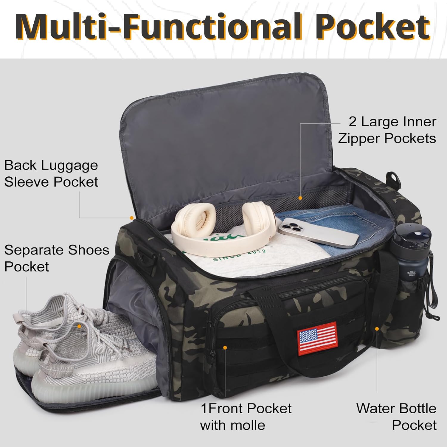 Tactical Gym Bag for Men, 60L Large Capacity Duffle Bags with Shoes Compartment, Sports Bag with wet compartment, Multi-functional Weekend Bags Suitable for Travel, Camping,hiking - Image 3