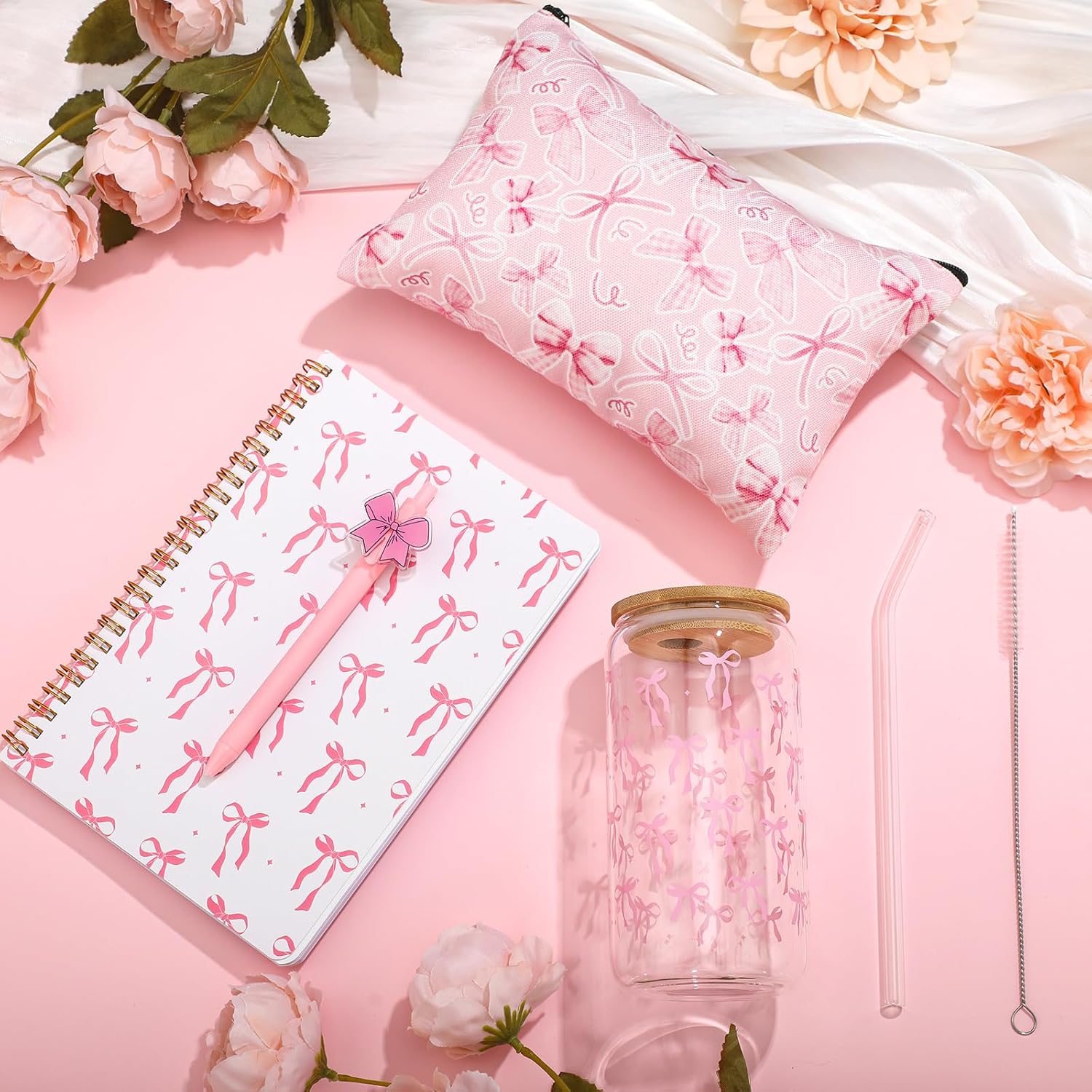 Boao 4 Pcs Coquette Pink Bow Gift Set Back to School Gift for First Day of School Party Favor, Glass Cup Pink Bow Notebook Cosmetic Bag Pens Bowknot Lined Notebook Stuff Coquette Party Favor - Image 2