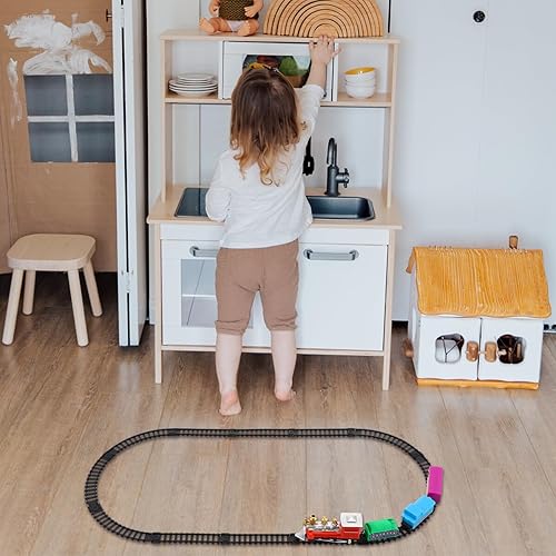 Miniatura 8 de Juego de tren eléctrico navideño para pista de ferrocarril de plástico y maleta portátil, superficie lisa segura para niños y colores brillantes que