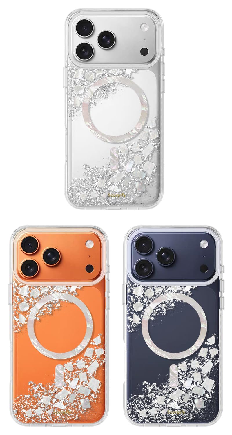 SCORPIFY Funda Compatible con iPhone 17 Pro [Compatible con MagSafe] con Brillo Perlado Brillante, Funda magnética Transparente para Mujeres, diseño de láminas Plateadas Brillantes y nácar