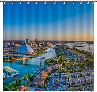 Shower Curtains Memphis Tennessee TN Downtown Drone Skyline 72 x 72 Inch Shower Curtain Set with 12 Hooks Home Bathroom Bathtubs Decor Polyester Fabric Machine Washable Durable