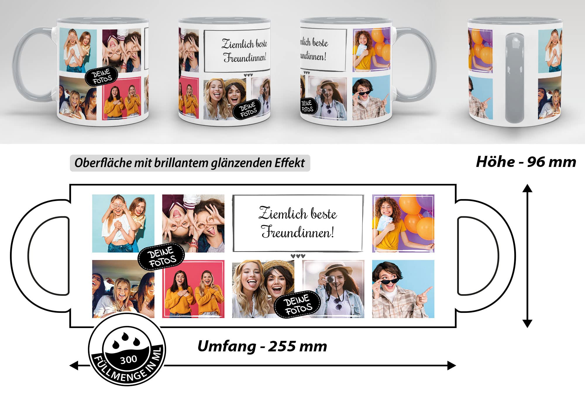 Persönliche Fototasse Selbst Gestalten – Platz Für 8 Fotos & Text, 300 Ml, Spülmaschinenfest, Made In Germany