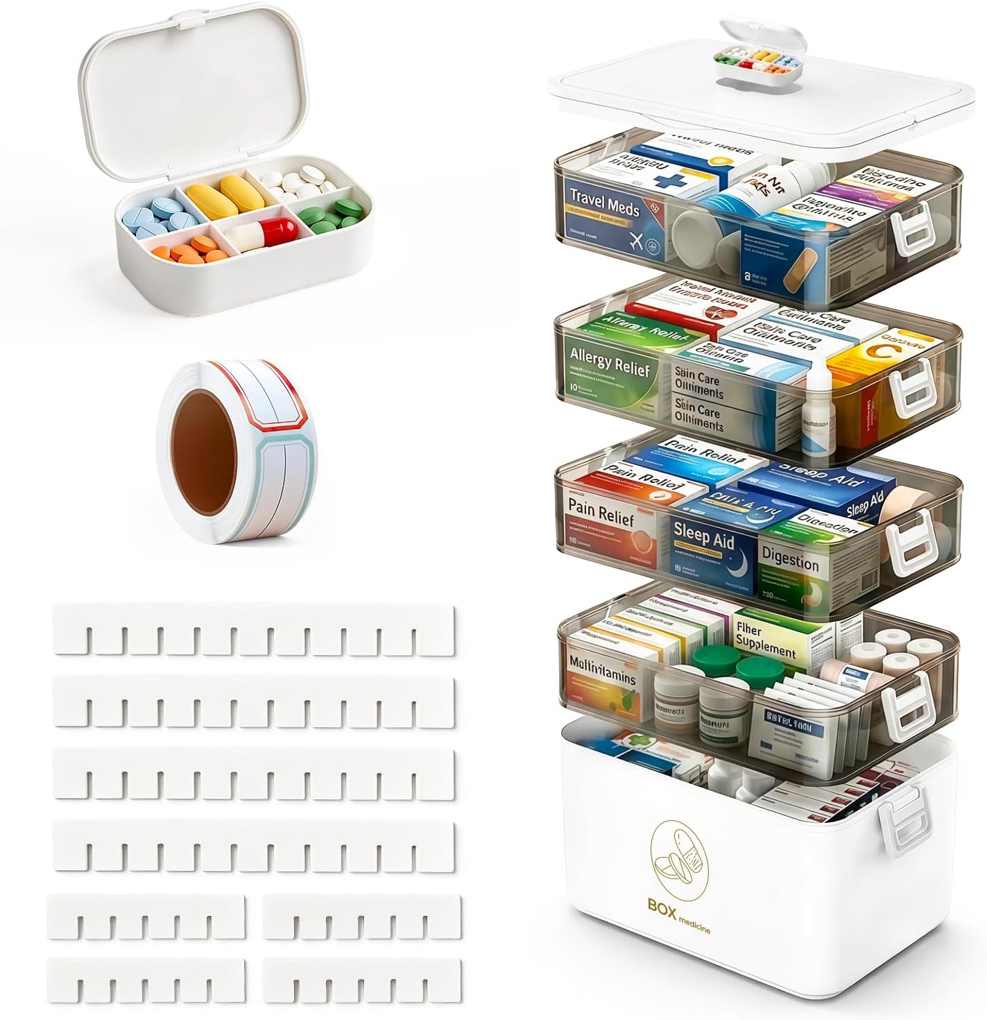 5-Tier Medicine Cabinet Organizer with Handle, Extra Large Medicine Storage Box Portable First Aid Kit, Empty Plastic Pill Organizer for Family Emergencies Home