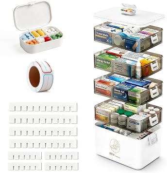 5-Tier Medicine Cabinet Organizer with Handle, Extra Large Medicine Storage Box Portable First Aid Kit, Empty Plastic Pill Organizer for Family Emergencies Home