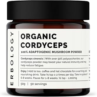 Erbology Organic Cordyceps Mushroom Powder 50 Servings - 48% Beta-glucans - Energy and Performance - Cordyceps Sinensis - Small Batch - Sustainably Grown in Europe - Vegan - Non-GMO - No Added Fillers