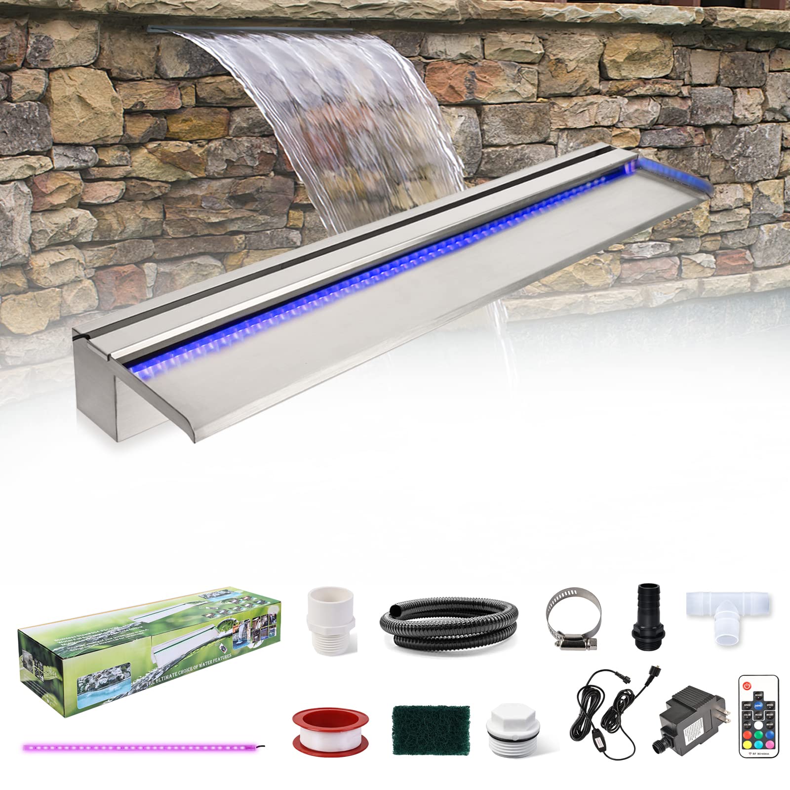 Photo 1 of 24 Inch 304 Stainless Steel Pond Fountains with 7 Color LED Lights, Outdoor Water Patio Spillway Kit for Garden Patio Swimming Pool Koi Ponds Decoration w/Remote