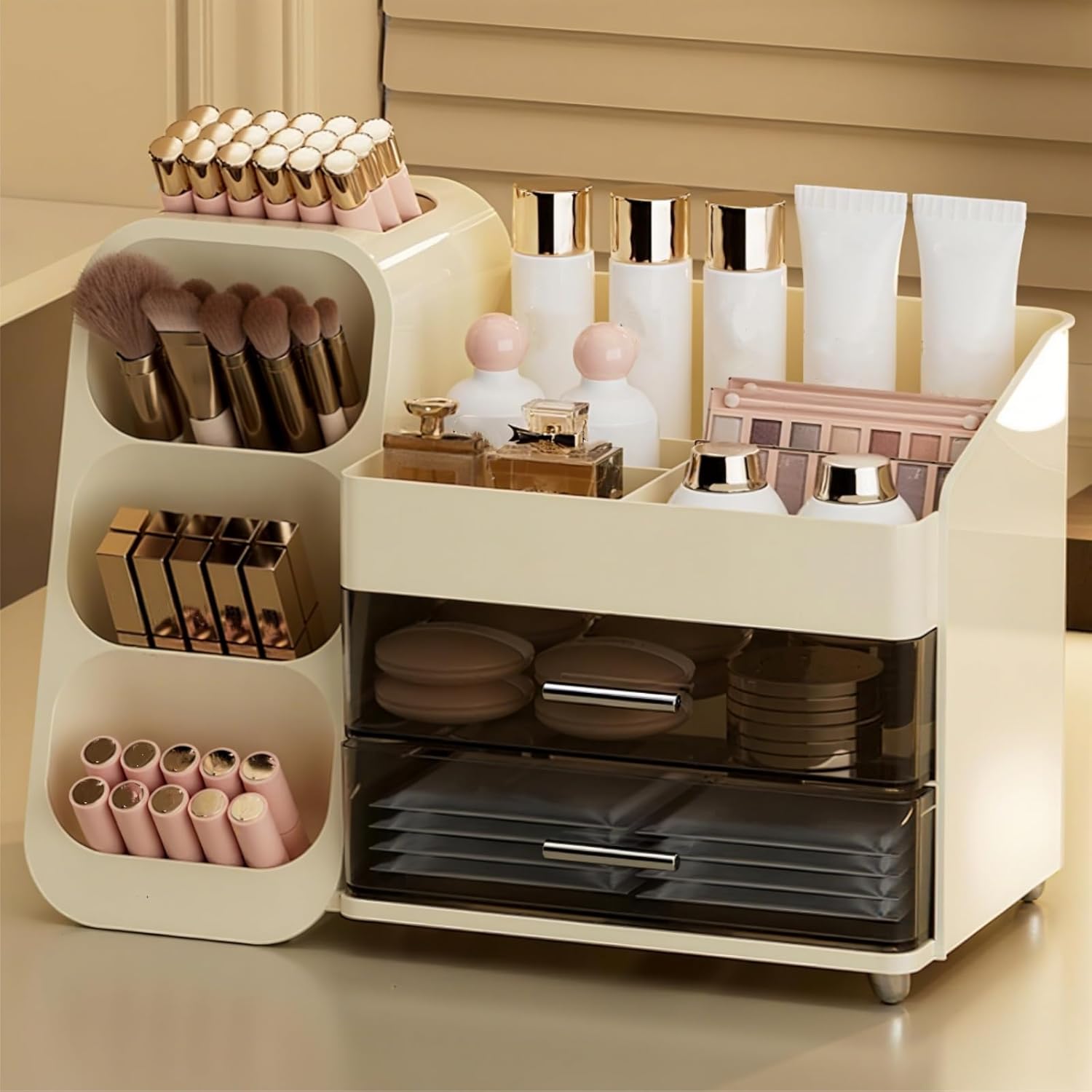 makeup organizer with drawers, large capacity cosmetics display case for vanity, countertop storage organizer for office bathroom, beauty and skincare holder for lipstick brush eyeshadow