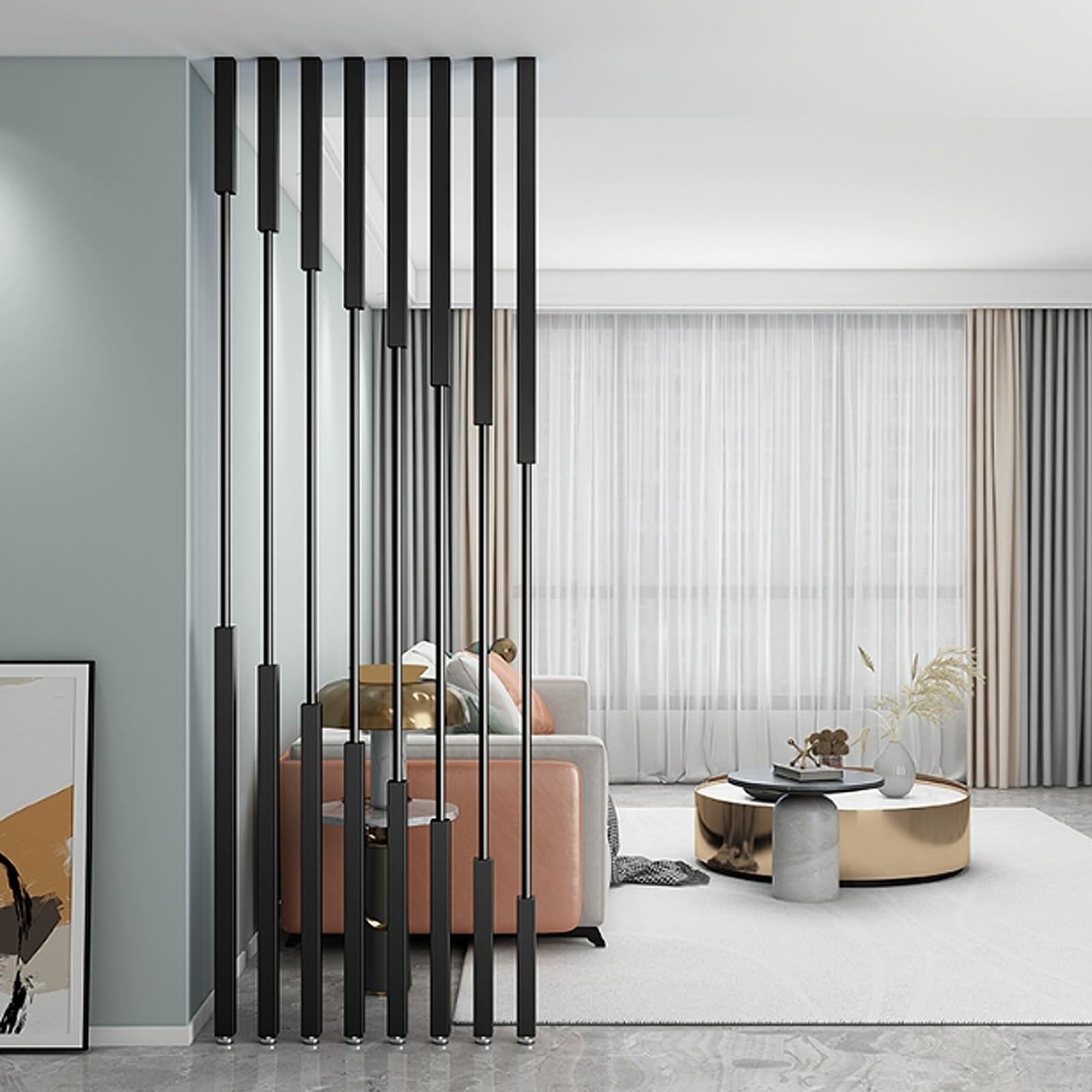 Renmlion 5Pcs Modern Room Divider Privacy Screen Post，5/8/10Pcs Screen Partition Column Wall Divider For Room Separation Ceiling To Floor Metal Slats，Restaurant Office Home Room Separator(,215Cm/85In)