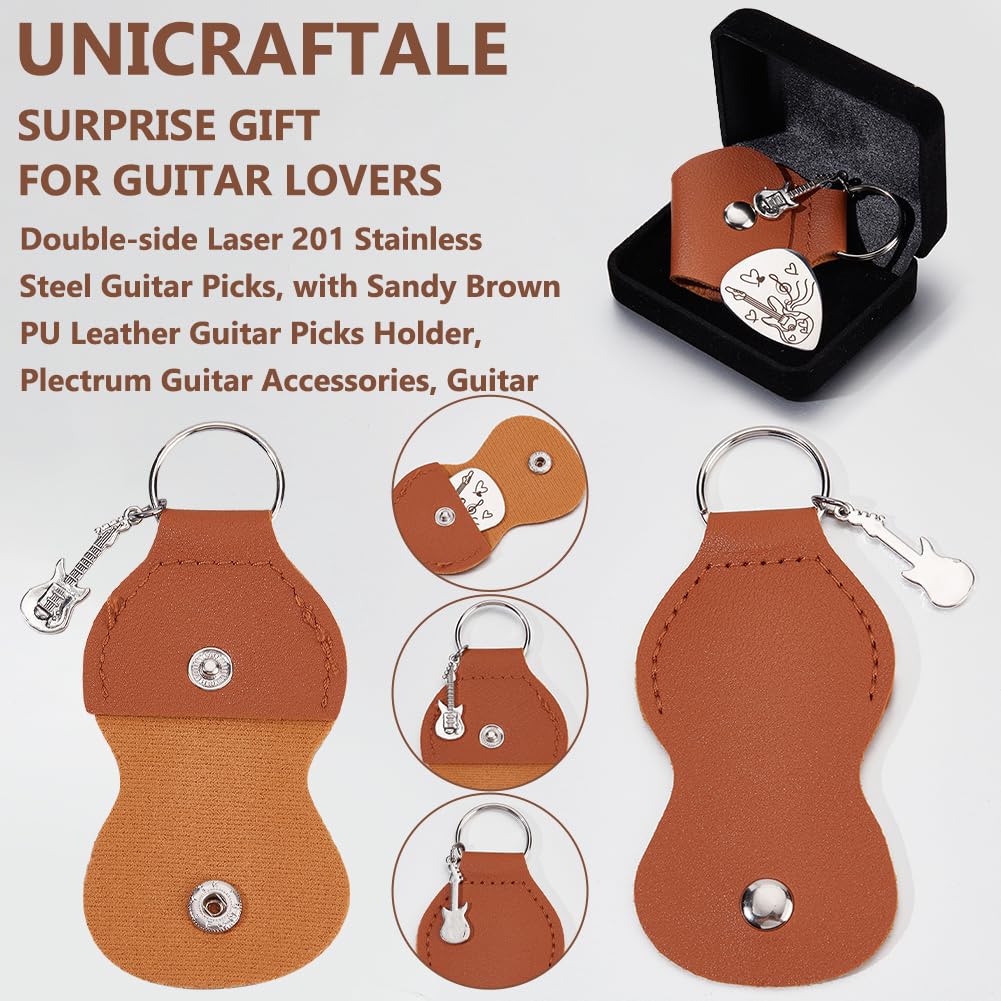 UNICRAFTALE Gitarrenplektren Personalisiert – Edelstahl, Mit Kätzchen & Pflanzen-Muster, Inkl. Lederetui