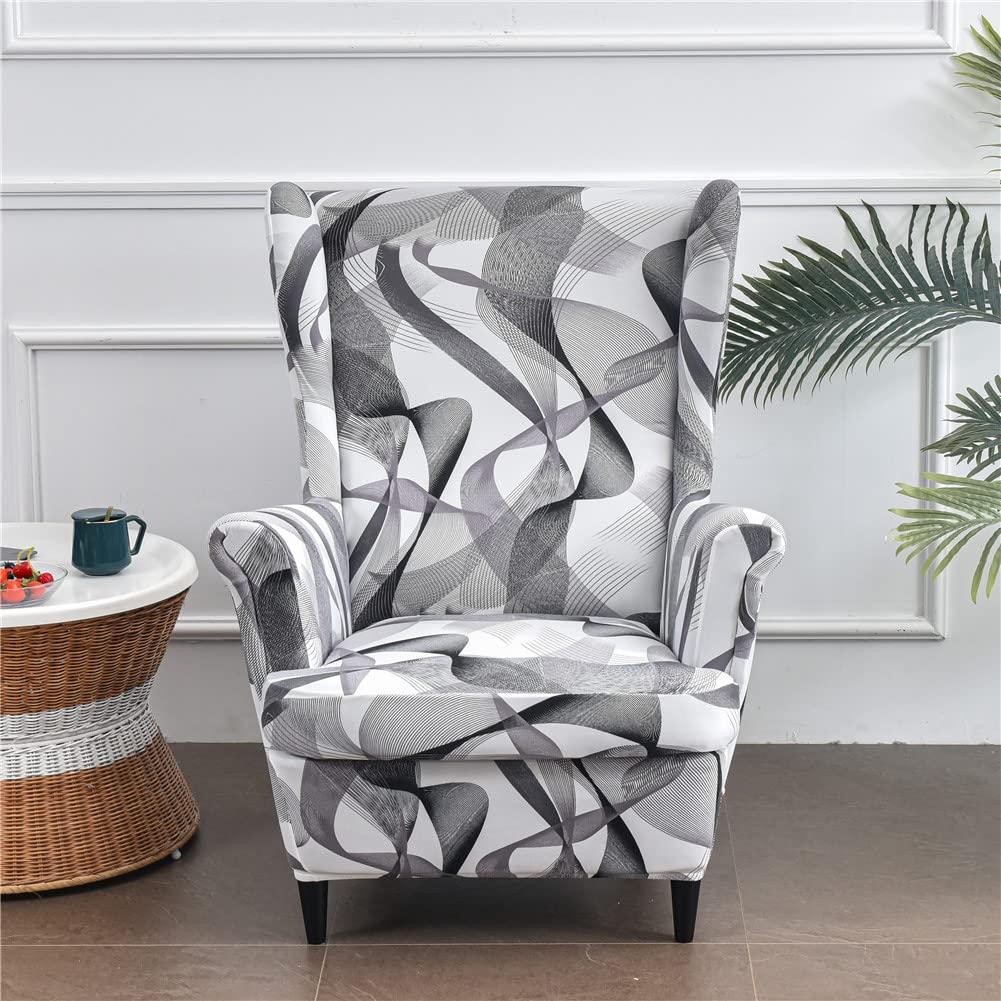 Highdi Grey Wingback Chair Covers 2 Piece Stretch Wing Chair Slipcover, Fashion Geometry Strandmon Sofa Cover Furniture Protector For Armchair Chairs Living Room Bedroom Hotel (Grey)