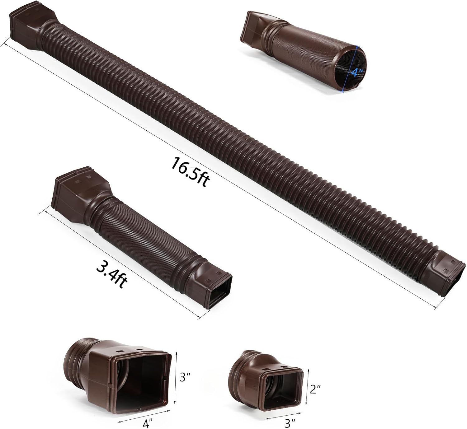 plusgutter 16.5ft Long Gutter Downspout Extensions Flexible, 4" Diameter Drain Downspout Extender, Down Spout Drain Extender for Rainwater Drainage, Extendable from 3.4ft to 16.5ft(1Pack Brown)