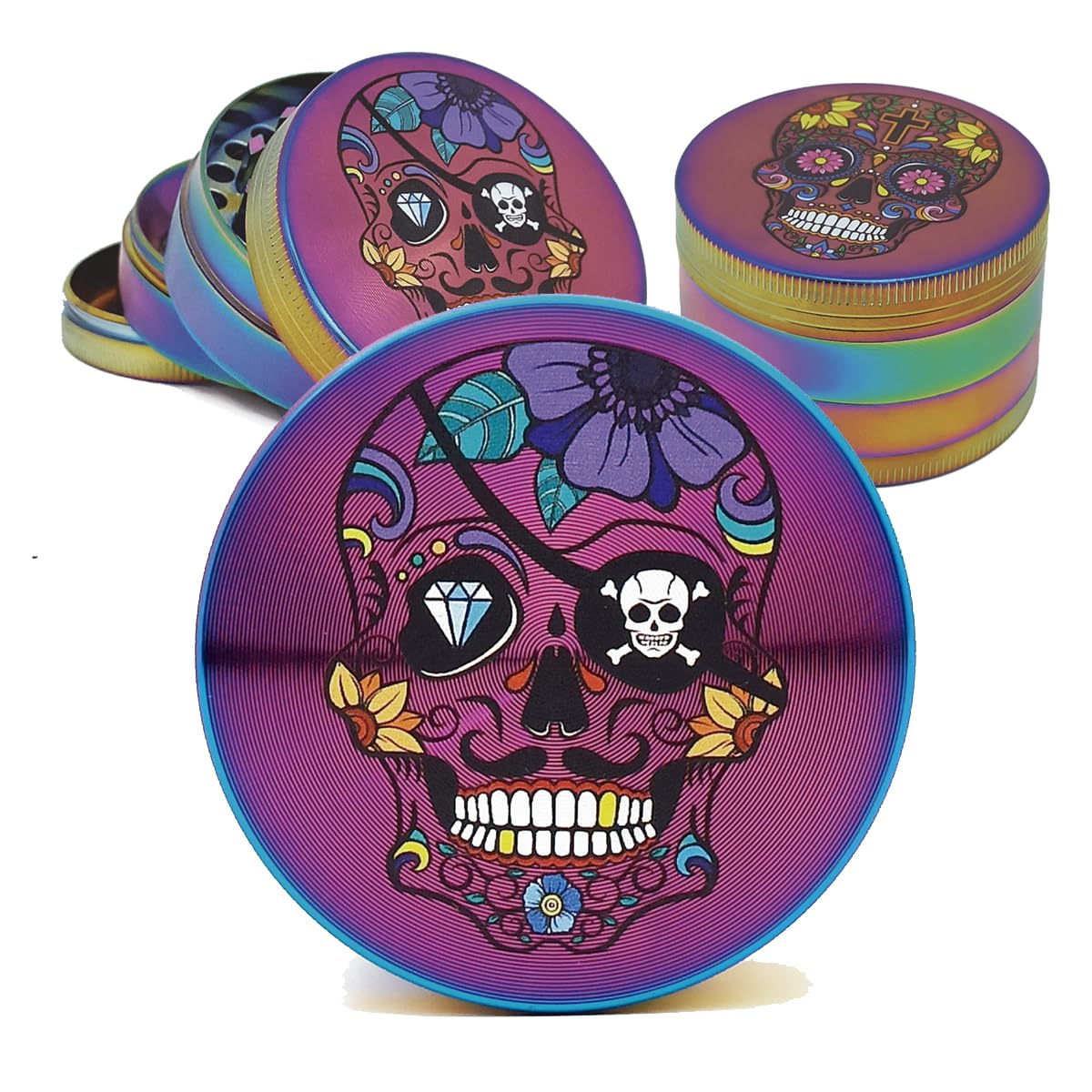 GRIND PRO Metal Grinder | Grinders 4 Pieces Multicolor 50 mm and Ultra Sharp Teeth | Grinder with Mexican Skull Drawings | Grinder with Pollinator for Spices and Herbs (Model 4)