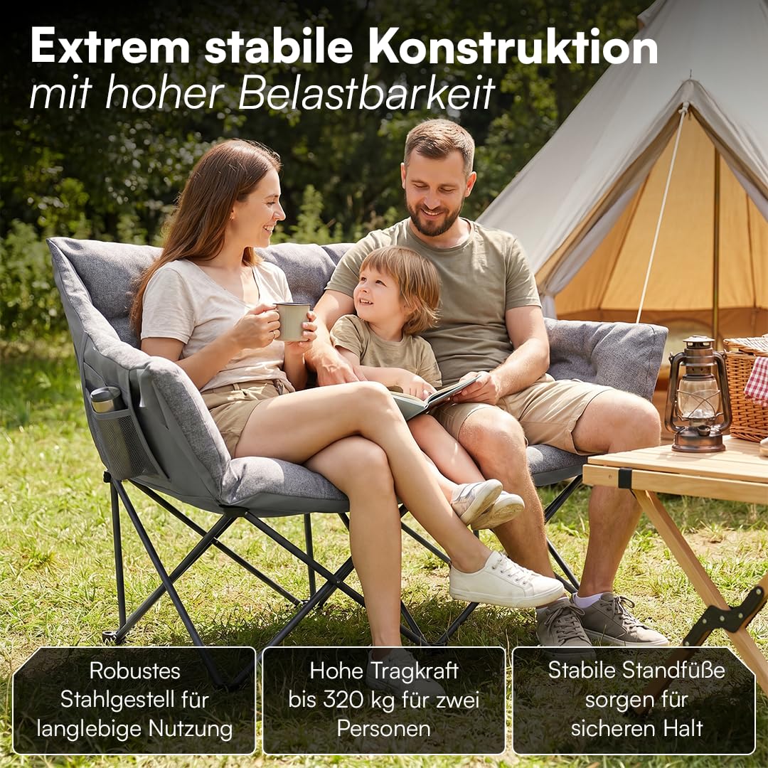 STEELSØN Hoggar Campingstuhl faltbar 2 Personen – Klappstuhl 134cm breit – Camping Sofa mit 2 Seitentaschen & Tragebeutel – Camping Couch 320 kg belastbar – Sitzbank Outdoor - dick gepolstert - grau