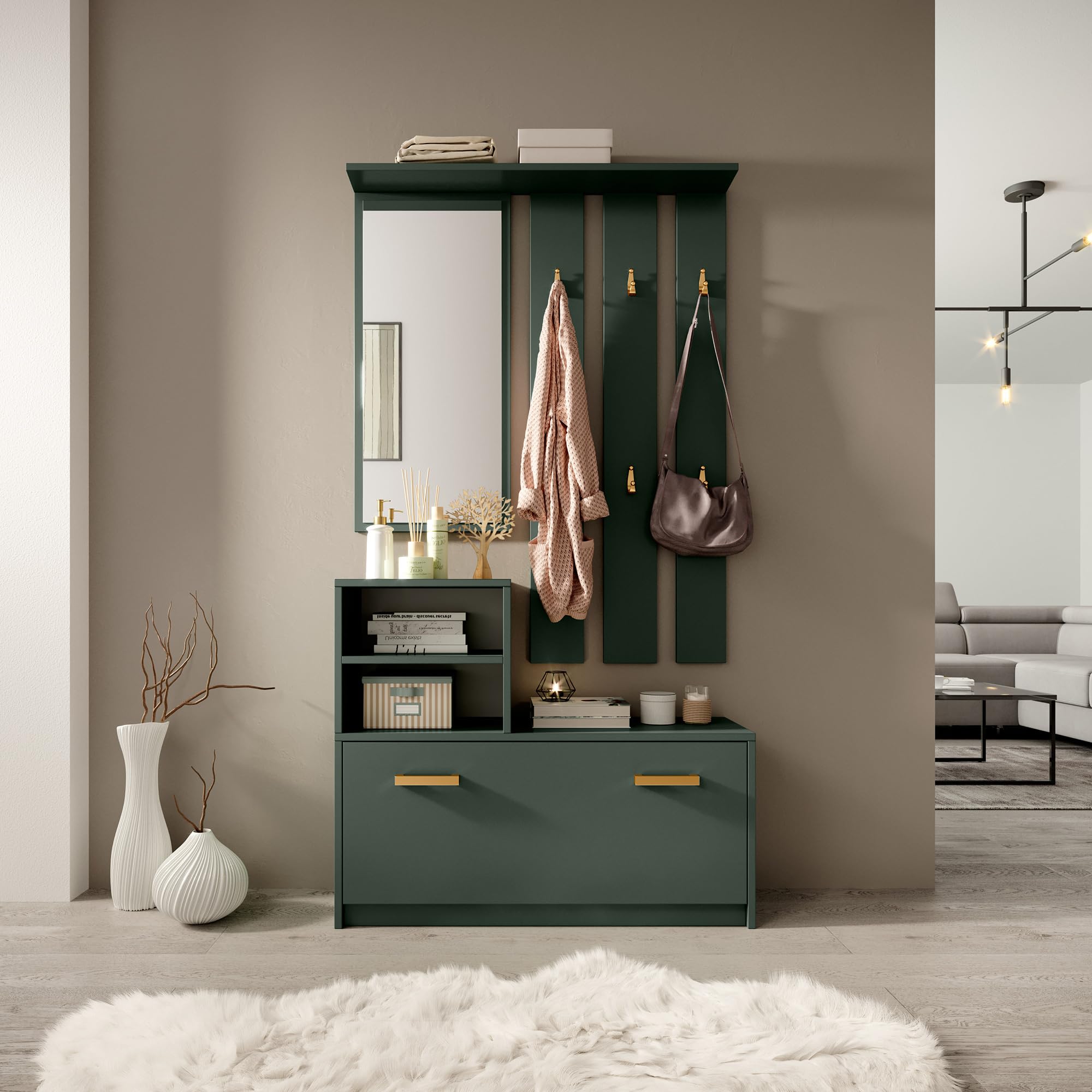 Selsey Flurgarderoben Set Garderobe Flur Wandgarderobe Garderobenpaneel Schuhregal Spiegel Regal Garderobenset Flaschengrün Mit Goldenen Griffen Yesfir