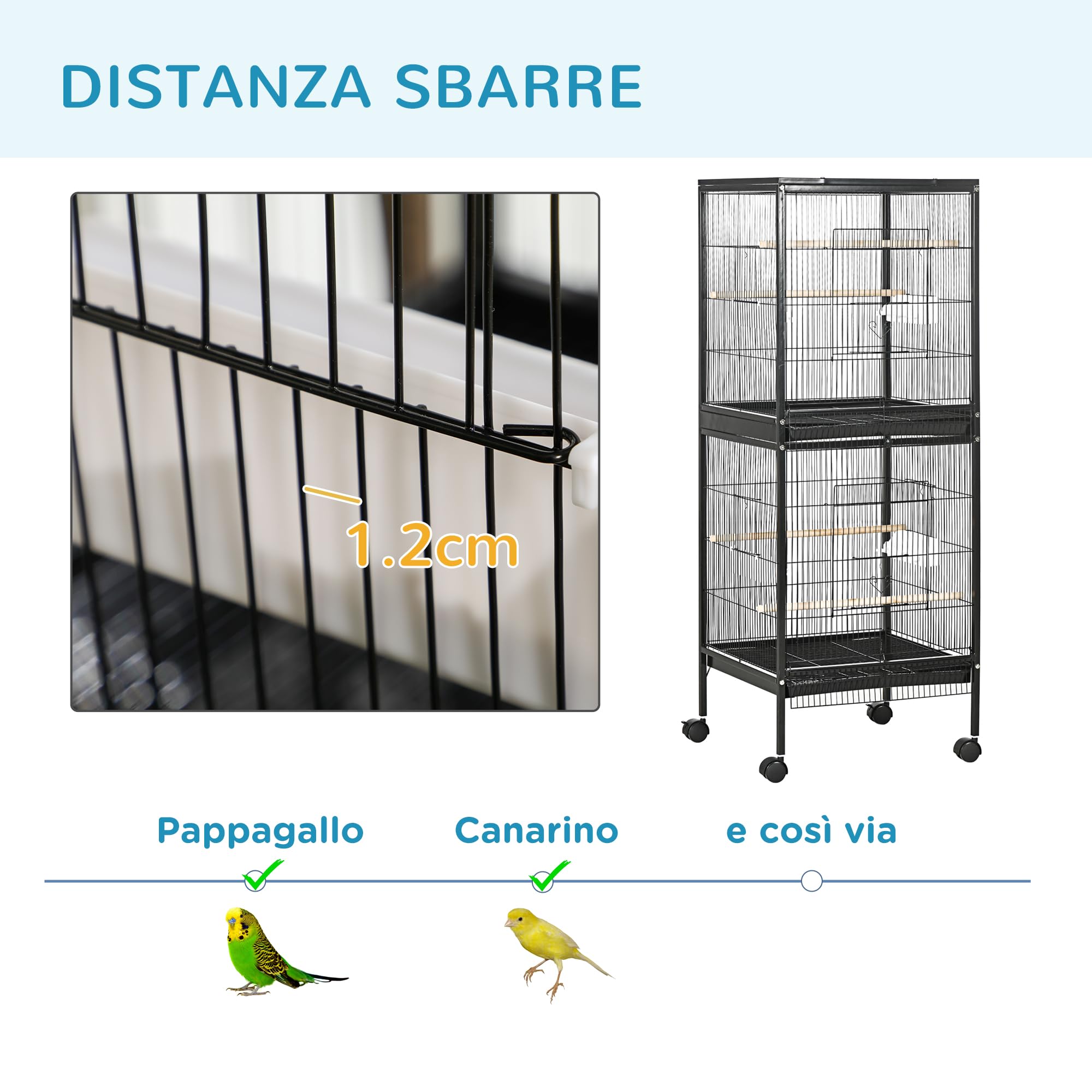 PawHut Gabbia per Uccelli 2 in 1 Voliera per Interni con 4 Ruote Girevoli, Vassoi Estraibili e Contenitori in Plastica, 51.5x50x140 cm, Nero