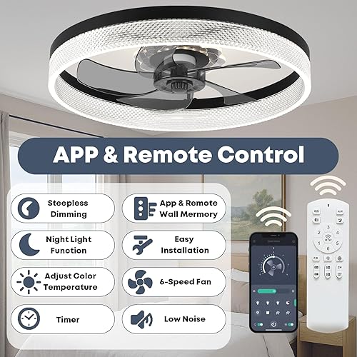 Miniatura 4 de Ventilador de techo de 20 pulgadas con luz, actualizado 2024, ventilador de perfil bajo, ventilador de techo empotrado, 6 velocidades, LED