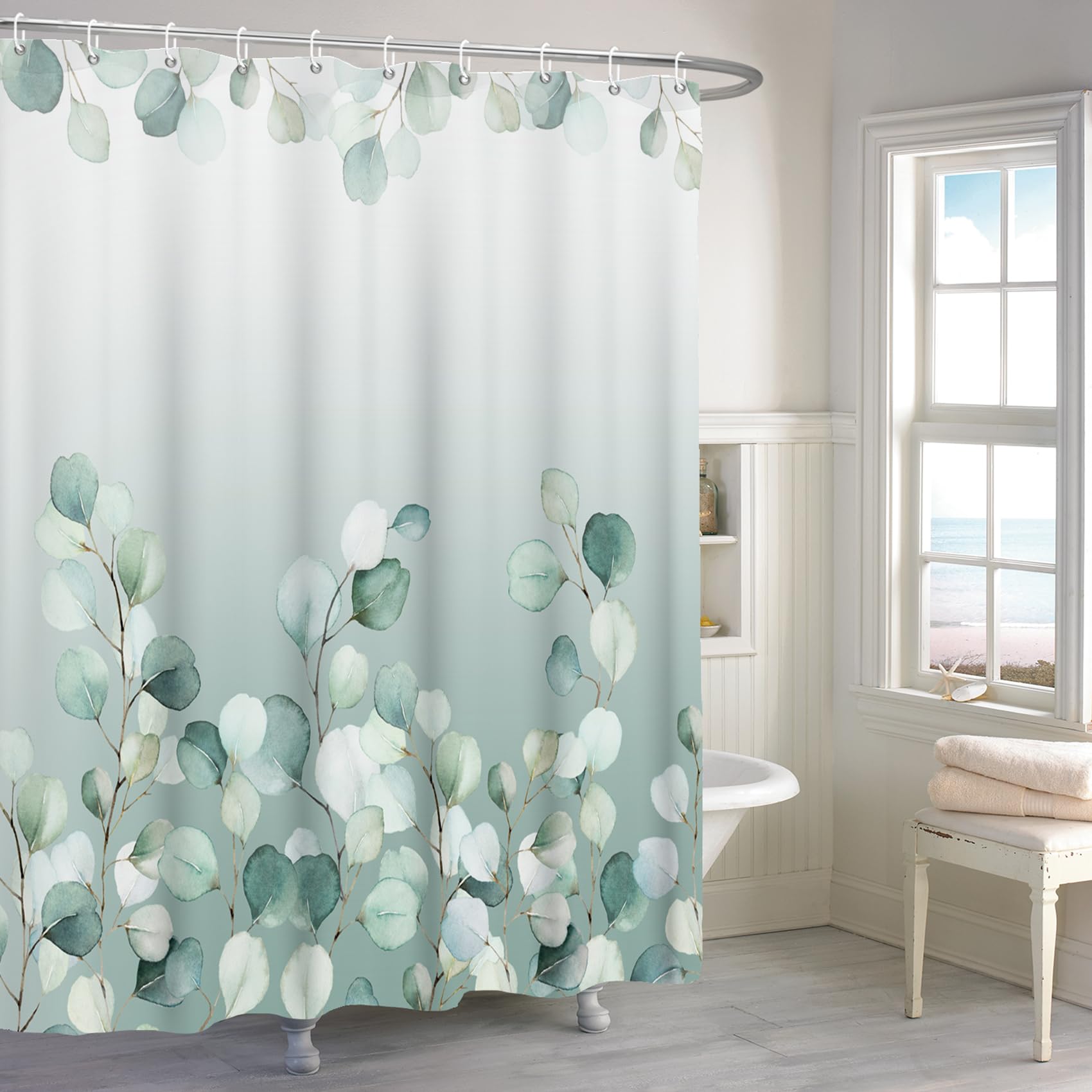Renaiss 72x72 Inches Green Leaves Shower Curtain Watercolor Eucalyptus Leaves Sage Spring Leaf Plant Shower Curtains for Bathroom Bathtub Home Decor