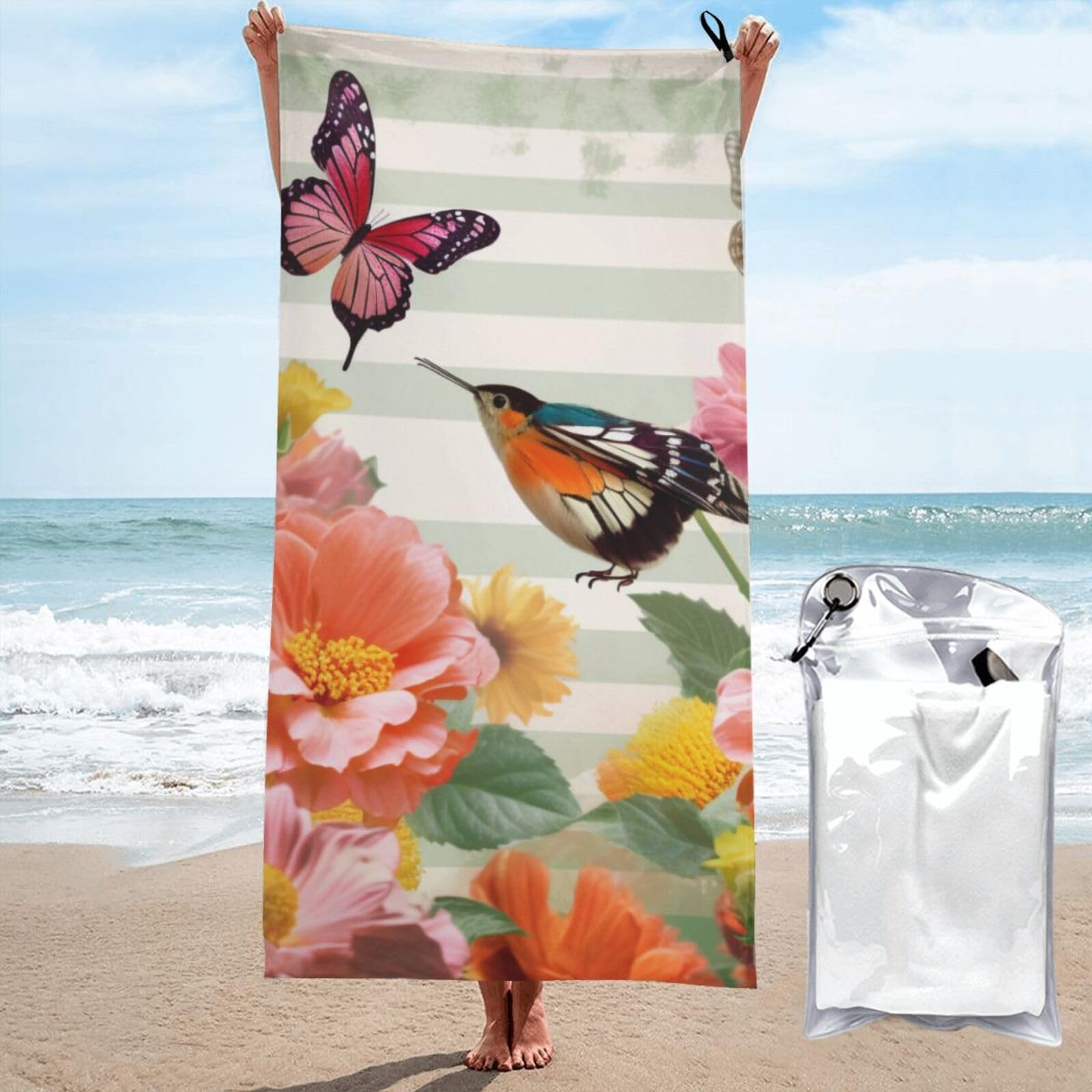 BWWHCCTI Flower Butterfly birds Printed Microfiber Quick Dry Beach Towel 80x160 CM, Fast Drying Bath Towels with Bags for Travel,Camping,Gym,Beach,Swimming,Yoga