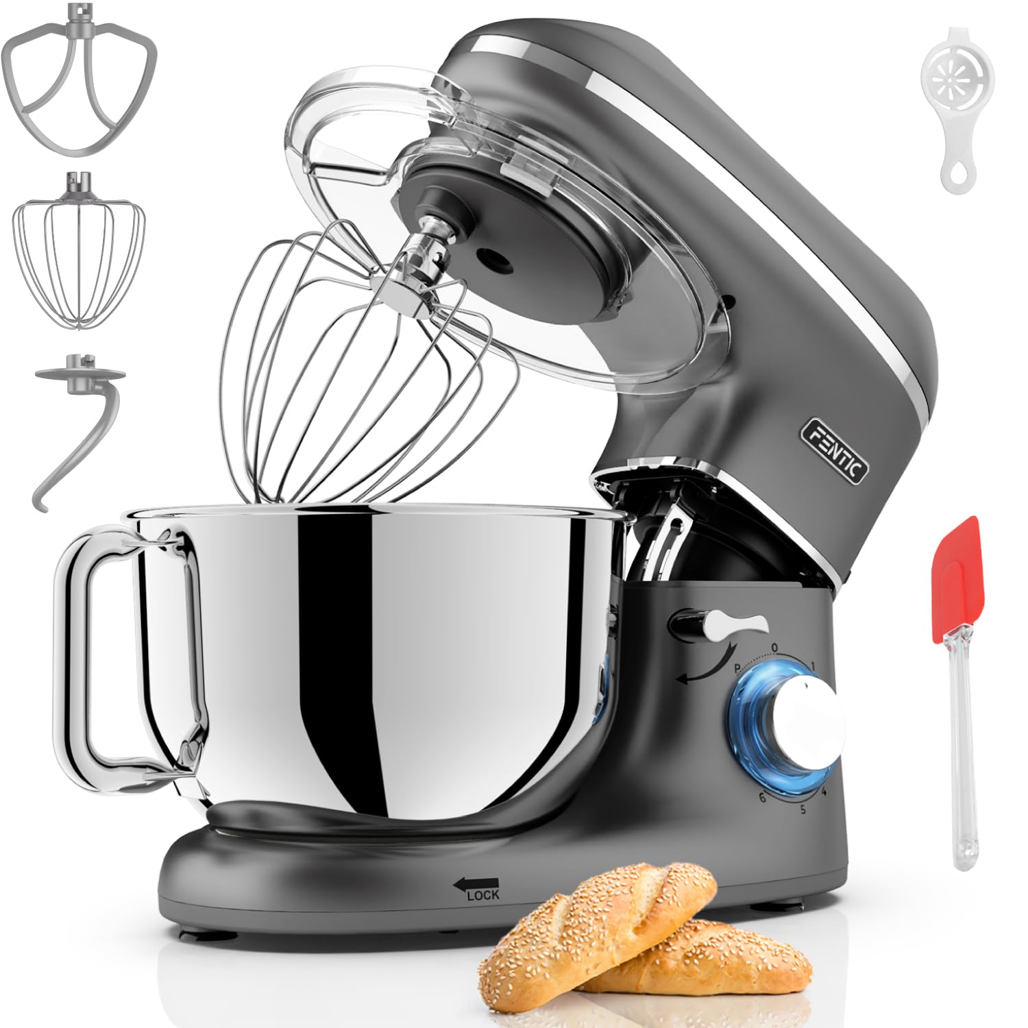 Impastatrice Planetaria - 2000W - Ciotola in Acciaio Inossidabile (6,2 L) - Impastatrice con Frusta, Gancio Impastare e Mescolatore - Inclusa e accessori extra - Antracite