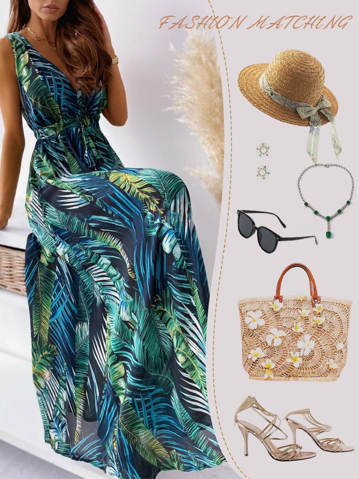 CheChury Vestido Largos Verano Mujer Elegante Vestidos Casual Mujer Bohemio Vestido con Estampado Floral Sin Manga Vestido Maxi Cuello en V Vestidos Florales Vintage Larga Vestido de Playa Vacaciones