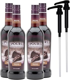 Upouria Mocha Coffee Syrup Flavoring, 100% Vegan, Gluten-Free, Kosher, 750 mL Bottle (Pack of 4) with 2 Syrup Pumps