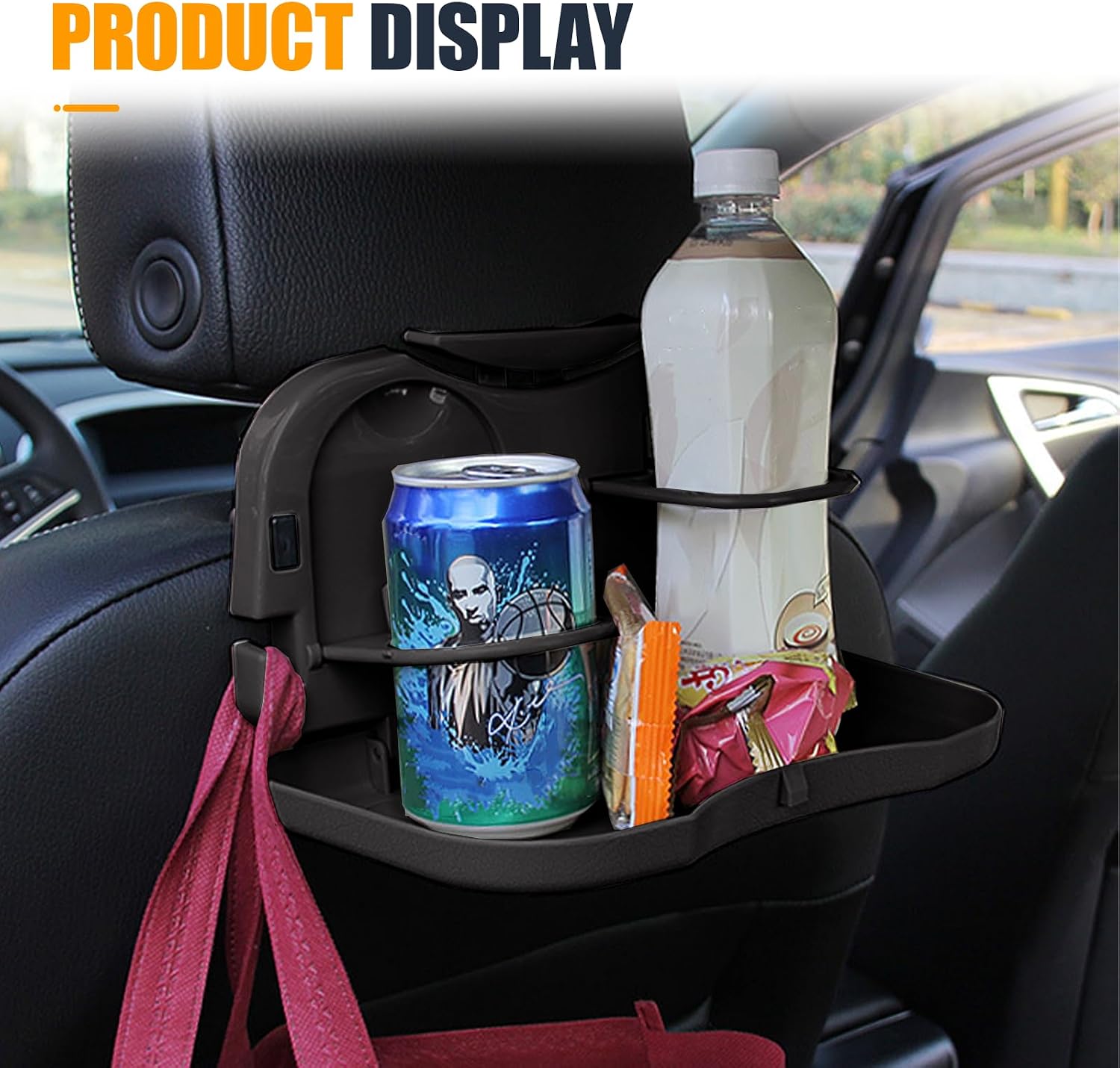 Car Cup Holder Tray, Foldable Detachable Car Headrest Backseat Organizer, Multifunctional Adjustable Food Table Tray, Universal Auto Travel Accessories for Most Cars/Trucks/SUVs (Grey) image 5