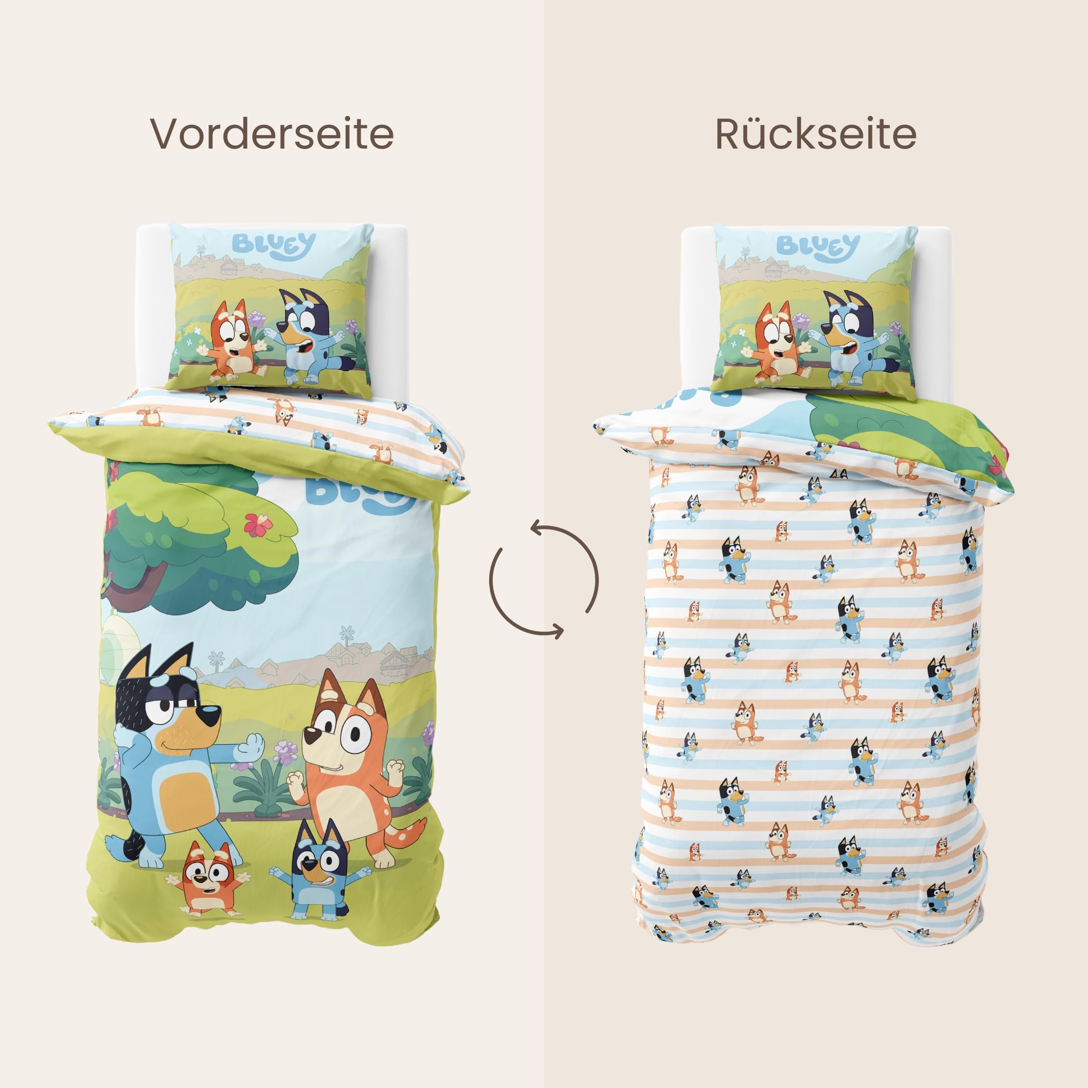MTOnlinehandel Bluey Bettwäsche 135x200 Baumwolle für Mädchen und Jungen, Kinderbettwäsche, 1x Kissenbezug 80x80 + Bettbezug 135x200, Bingo & Bluey Geschenk