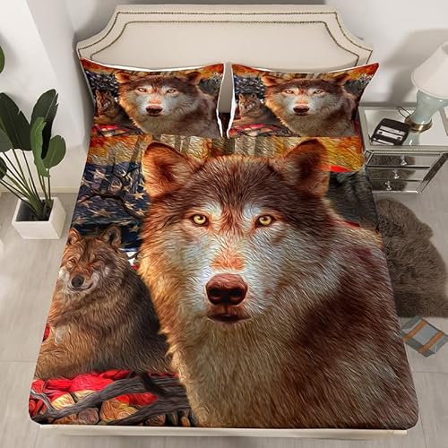 American Flag Bed Sheets Set Cute Wolf Sheet Set For Kids Boys Children Animal Wolves Sheets With Deep Pocket Fitted Sheet Ultra Soft Decor Red Yellow Bedding Set Twin Size 3Pcs #TOP3