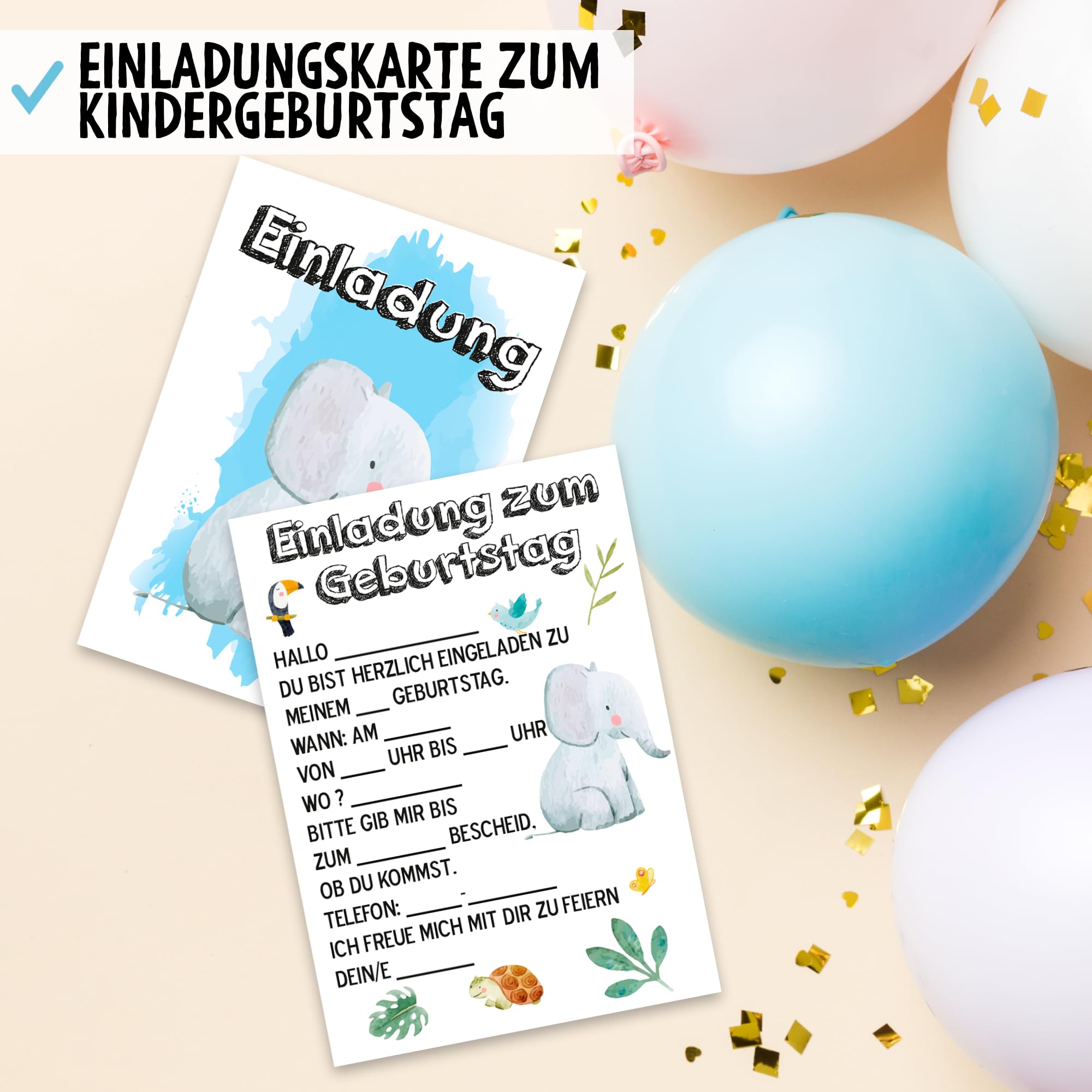 OWLBOOK Elefant Safari 50 Einladungskarten Kindergeburtstag Junge Mädchen Kinder - Wilde Tiere Geburtstag - Kindergeburtstagseinladungen Wald Tiere Zoo Dschungel Einladungen zum Ausfüllen mit