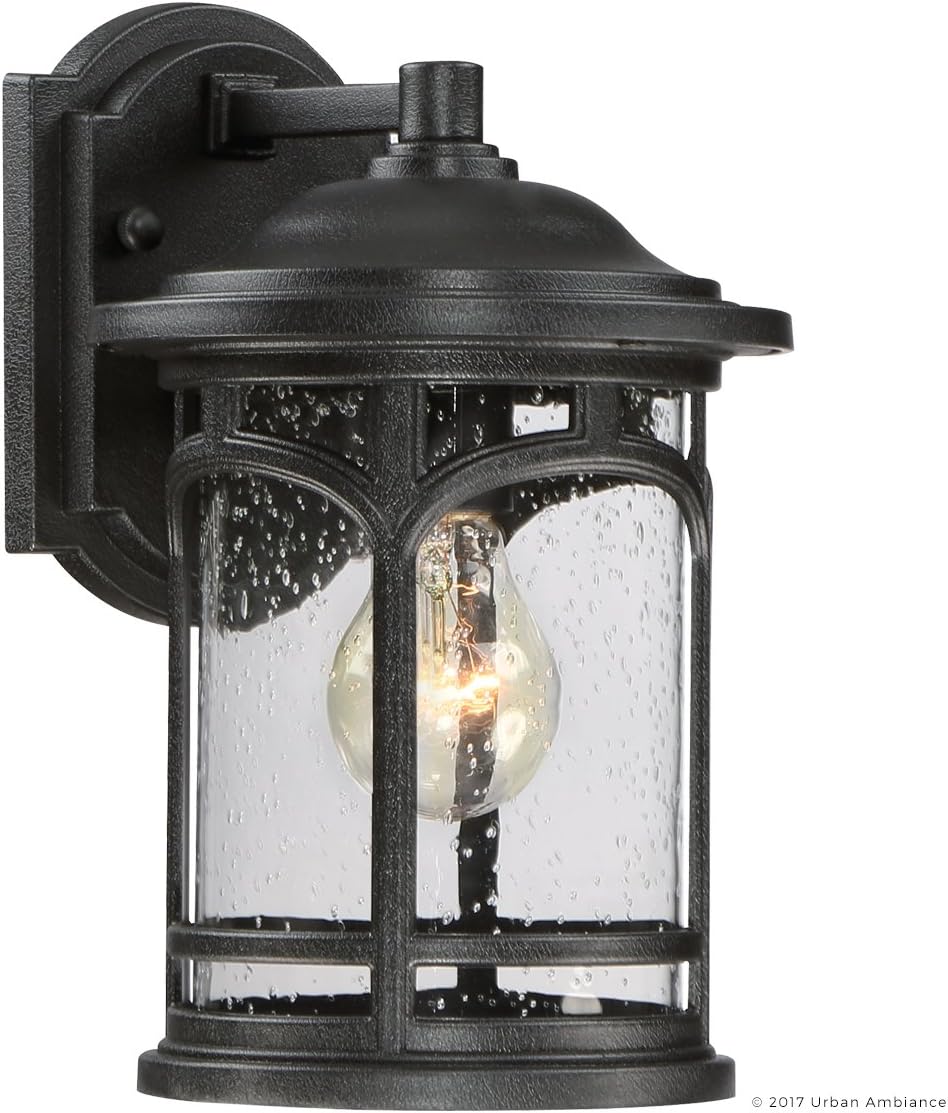 Urban Ambiance Luxury Rustic Outdoor Wall Light, Small Size: 11" H x 7" W, with Colonial Style Elements, Wrought Iron Design, High-End Black Silk Finish and Seeded Glass, UQL1100