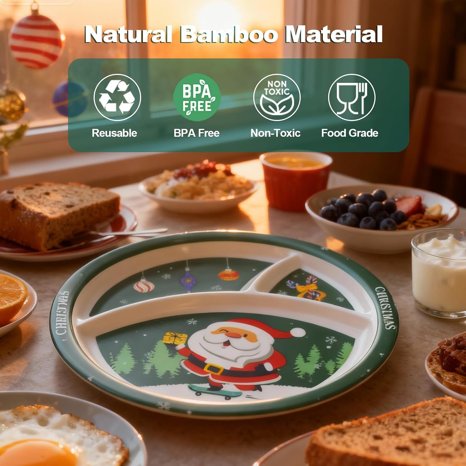 shopwithgreen Bamboo Toddler Plates and Bowls Set, Christmas Plates Kids Dinnerware Set, 5Pcs Toddler Dinnerware Plate Set, Baby Christmas Dishes Set Include Divided Plate, Bowl, Tumbler and Utensils