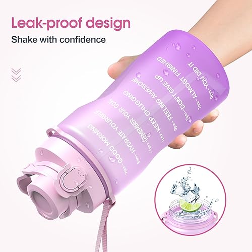 Miniatura 3 de Y&3 Botella de agua de medio galón de 64 onzas con popote y marcador de tiempo, botella de agua motivacional con asa, a prueba de fugas, jarra de