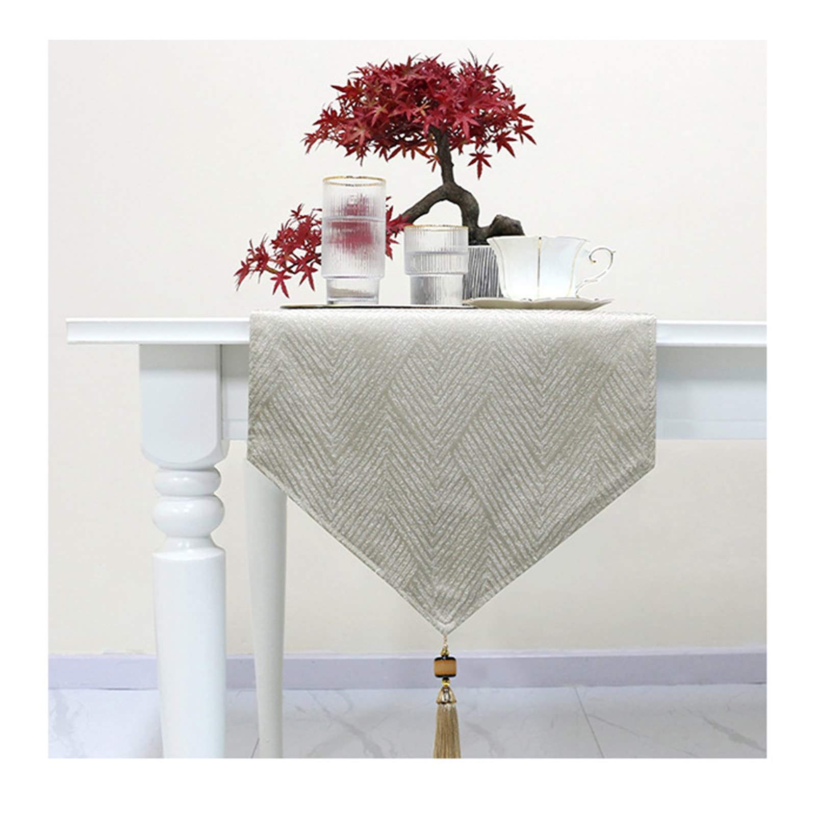 Tischläufer Baumwolle 35x183CM, Tischläufer Abwaschbar Hochzeit Modern Khaki mit V Muster Tischdekoration Tischdecke Outdoor