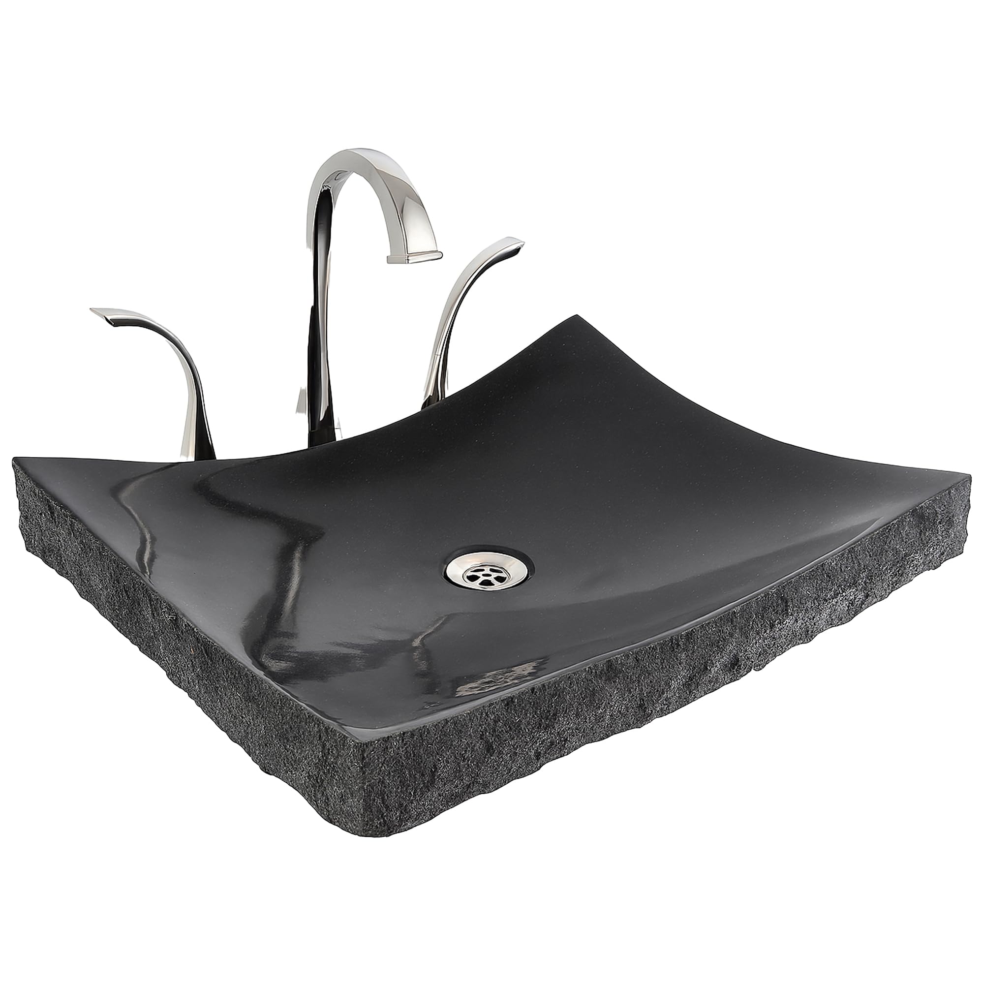 Black Granite Large Zen Vessel Sink – Polished Stone Basin with Chiseled Exterior