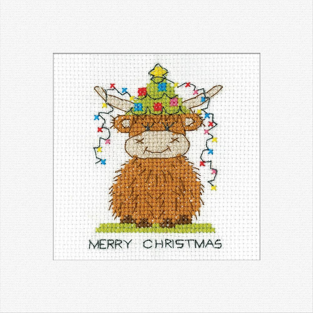 Heritage Crafts Christmas Card Cross Stitch Kit - Highland Cow Christmas Lights Cross Stitch Card Kit