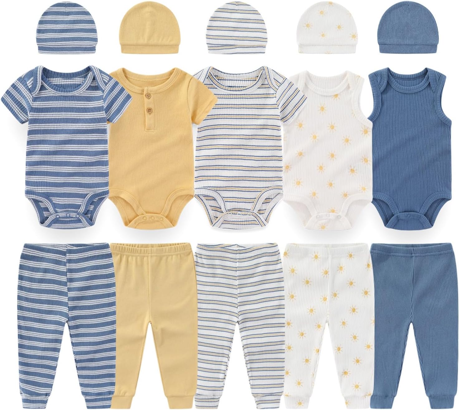 - 0-12 Months Unisex Baby Pants Sets New born Bodysuit and Hats 15 Pack Boy Girl Infant Comfort Outfit Clothes