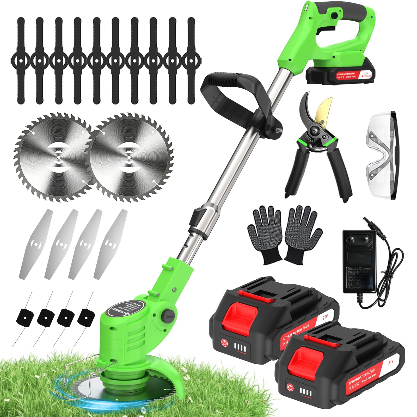 Desbrozadora Bateria, Disco Desbrozadora con 2 Baterías y 4 Tipos de Cuchillas,Desbrozadora Electrica con 800 W con 1 Podadora,Cabezal Giratorio, Longitud Regulable,Cortabordes Bateria para Jardín