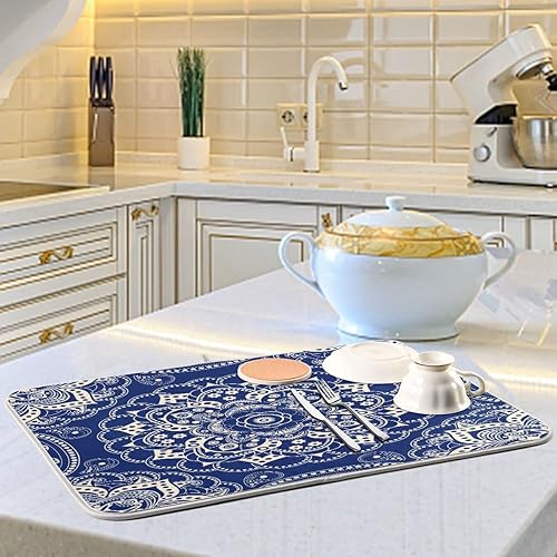 Miniatura 6 de Tapete de secado de platos bohemio étnico bohemio indio mandala cachemira rústico para cocina, tapete de secado de microfibra azul y blanco, tapete