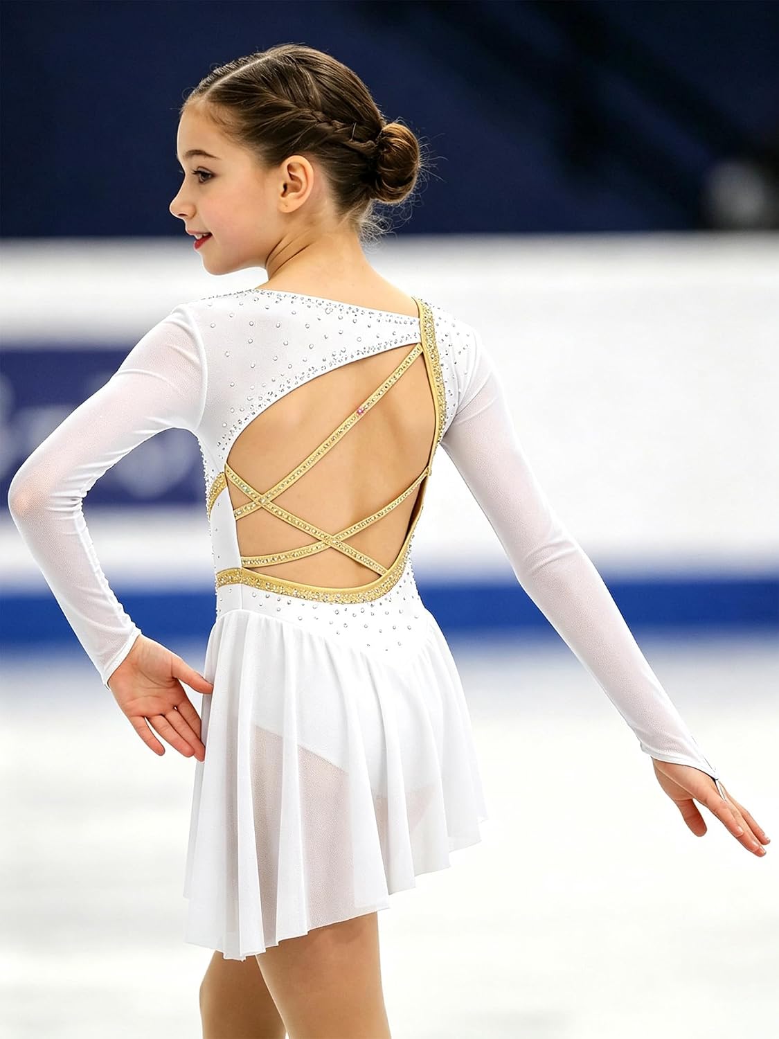 FEESHOW Kids Girls Figure Ice Skating Dress Long Sleeve Shiny Rhinestones Backless Asymmetrical Ballet Skirted Leotard