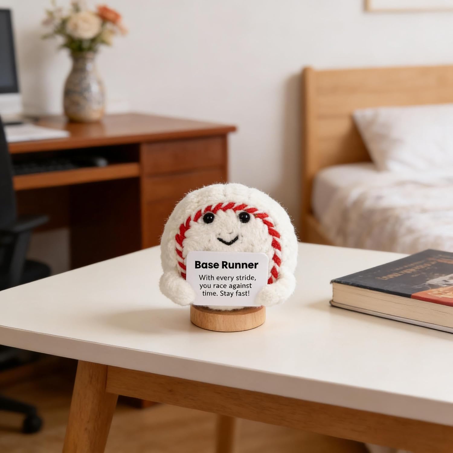 Funny Mini Crochet Baseball with Wooden Base - Base Runner Handmade Ornament, Positive Inspirational Creative Birthday Cheer Up Gift for Teens Boys Men Women image 4
